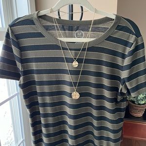Short sleeve olive, black, and striped top